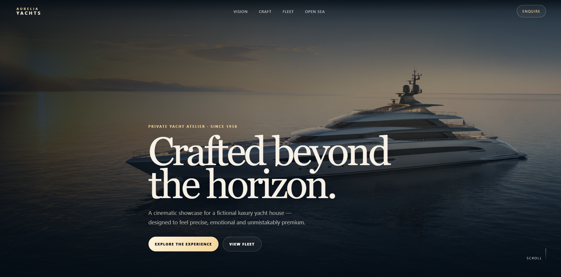 Aurelia Yachts Konzeptwebsite mit großflächiger Yacht-Inszenierung