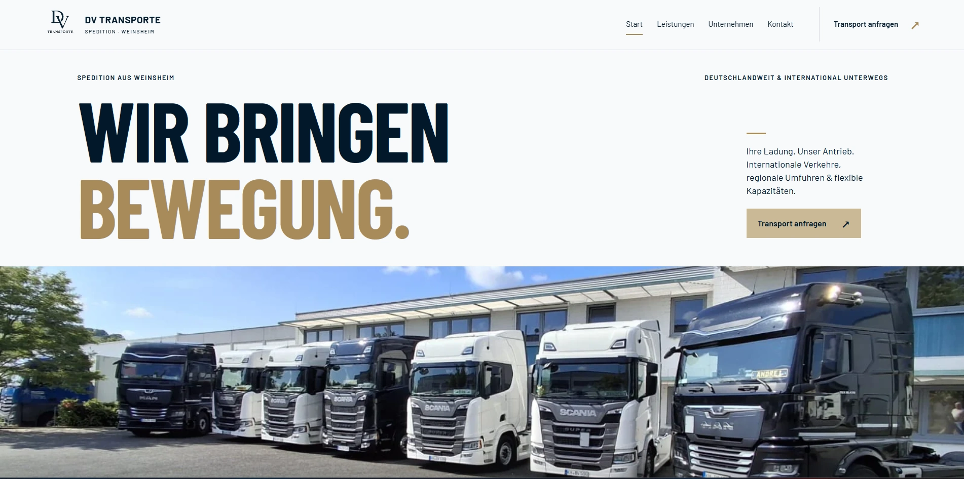 DV Transporte Website mit großflächigem Fuhrpark und klarer Speditionspositionierung