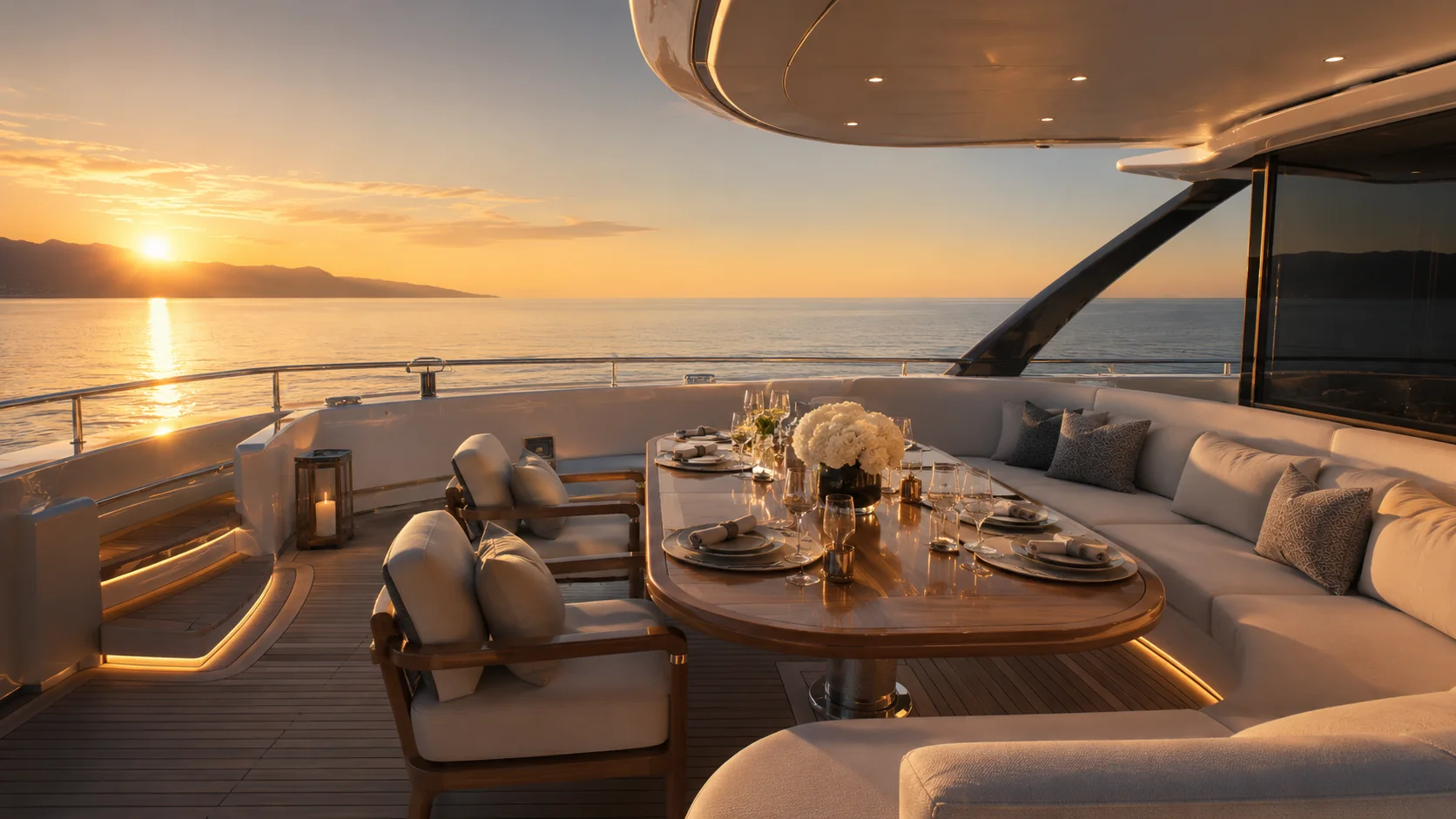 Luxuriöses Yachtdeck bei Sonnenuntergang