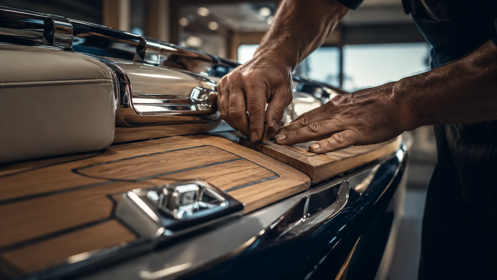 Handwerkliche Detailarbeit mit Teakholz und Chrom auf einer Luxusyacht