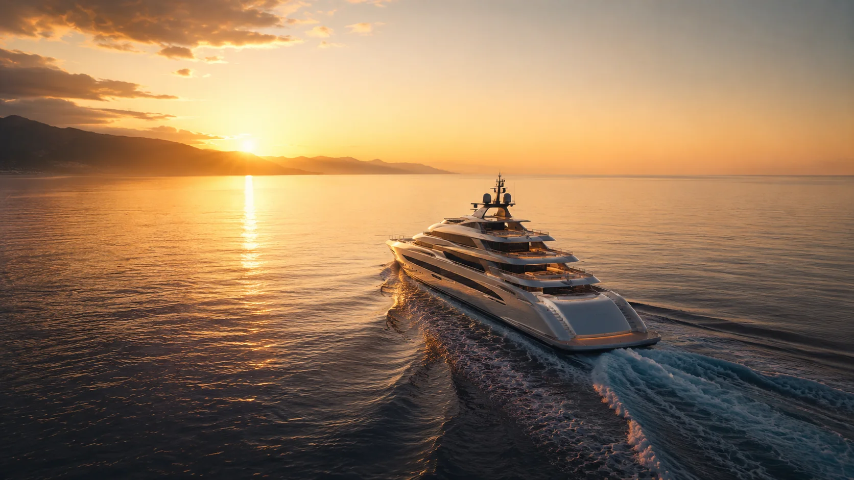 Luxusyacht fährt bei Sonnenuntergang in Richtung Horizont