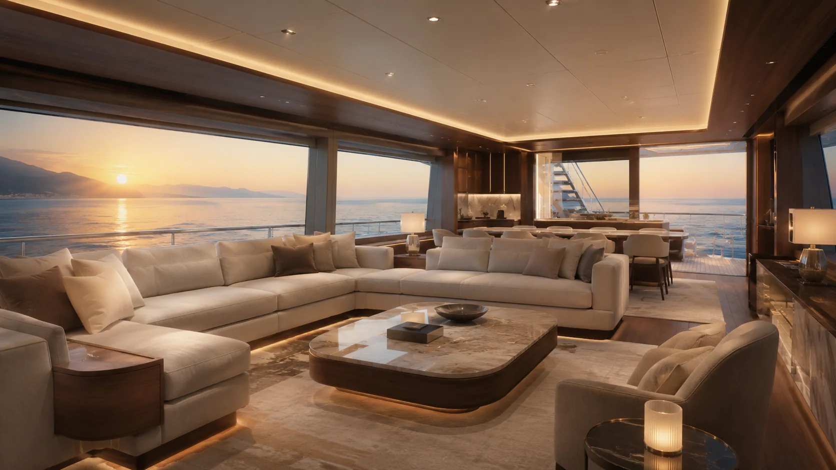 Luxuriöser Yacht-Salon mit Meerblick bei Sonnenuntergang